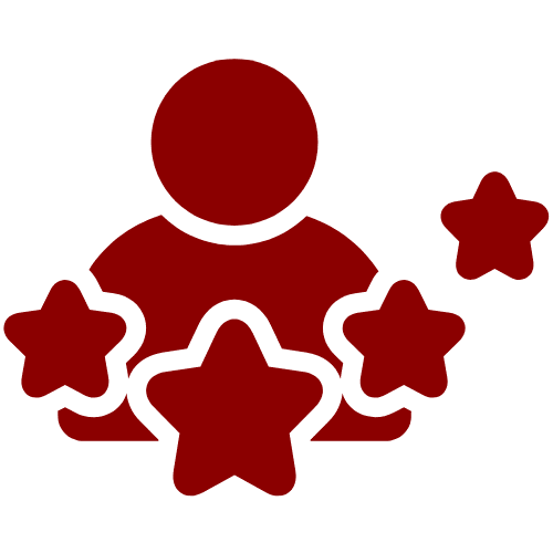 A red icon of a person with stars in the background.