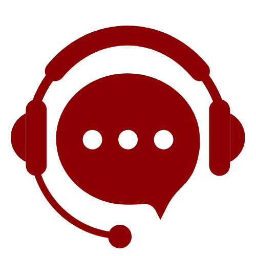 A red icon with a person in headphones and speech bubble.