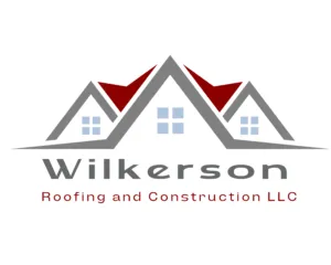 A gray and red logo for wilkerson roofing and construction llc.