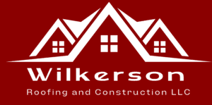 A red and white logo of wilkerson roofing and construction.